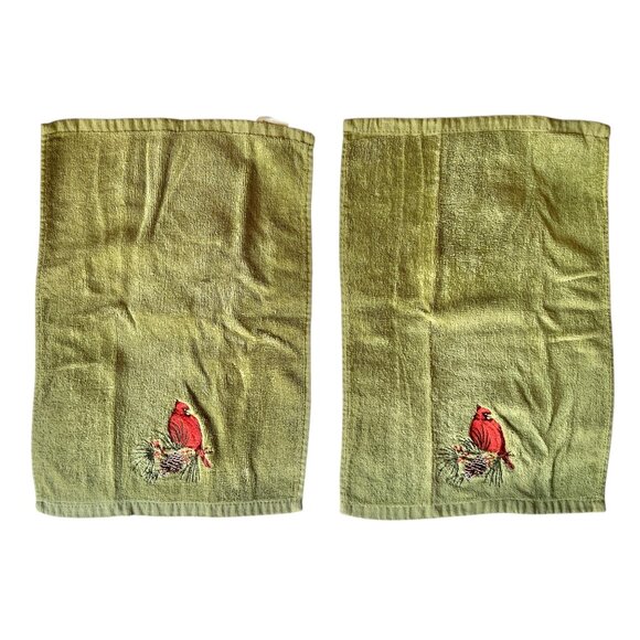 Set Of 2 Green Christmas Hand Towels Red Cardinal Embroidery 17" x 11" Cotton - Picture 6 of 9